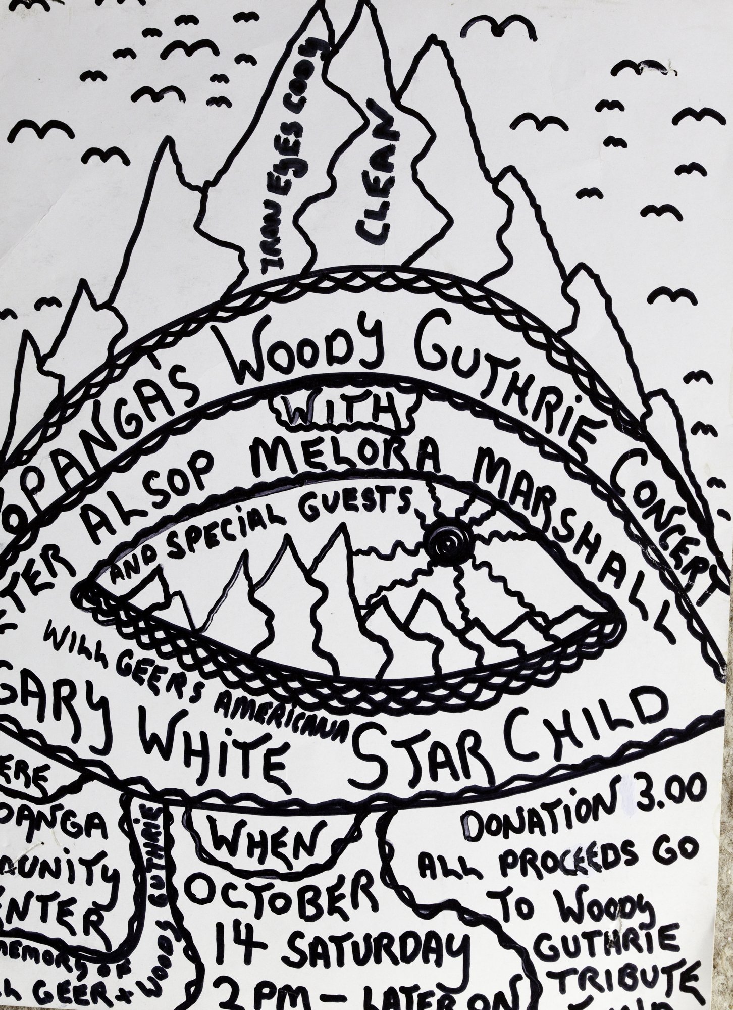 A flyer created by Thad Geer to promote the Woody Guthrie benefit concerts—one of many concerts he produced.